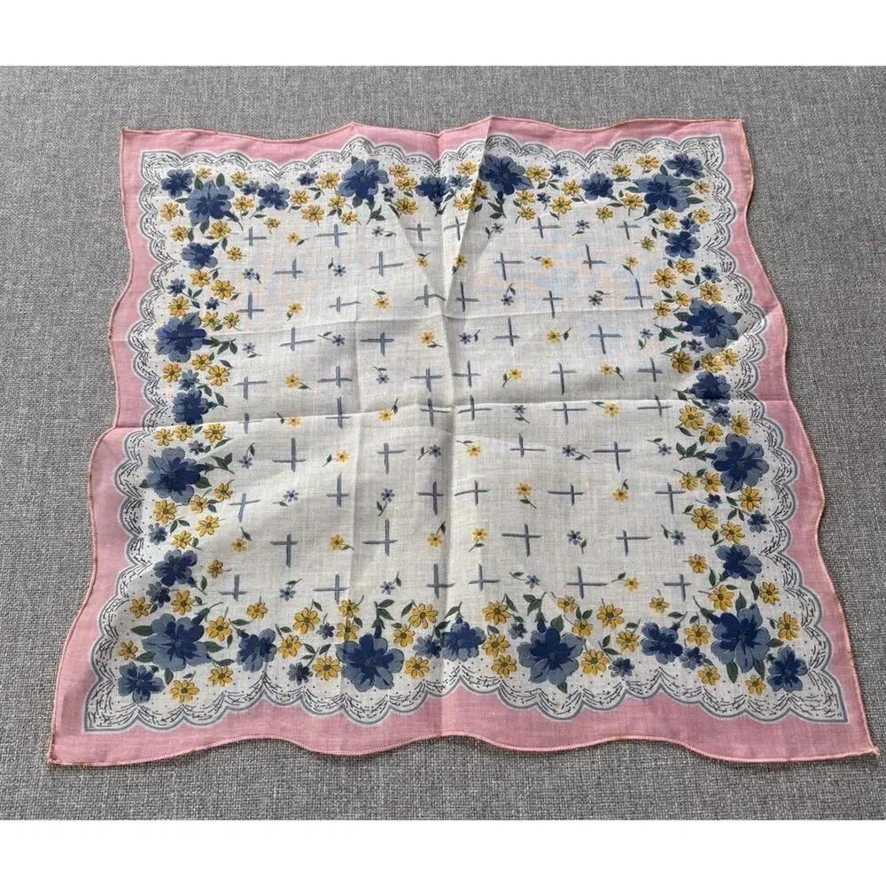Vintage Hankerchief Blue Pink Yellow Flowers Floral Pocket Scarf Hanky 12